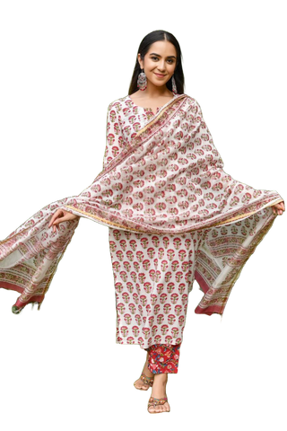 NOZ2TOZ Women's Floral Printed Knee Length V Neck Kurta Set With Dupatta Set - White - Distacart