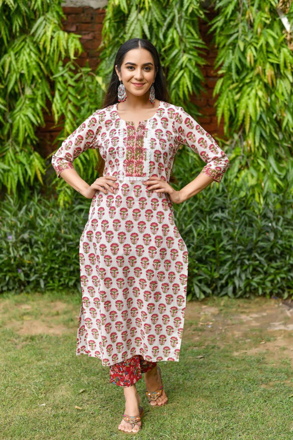 NOZ2TOZ Women's Floral Printed Knee Length V Neck Kurta Set With Dupatta Set - White - Distacart