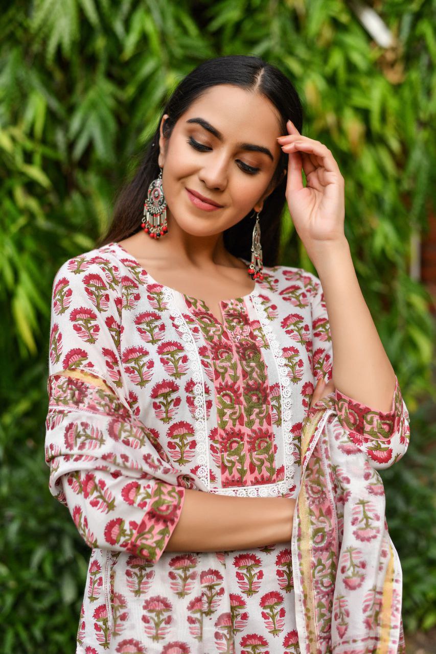NOZ2TOZ Women's Floral Printed Knee Length V Neck Kurta Set With Dupatta Set - White - Distacart