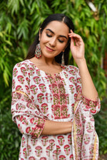 Thumbnail for NOZ2TOZ Women's Floral Printed Knee Length V Neck Kurta Set With Dupatta Set - White - Distacart