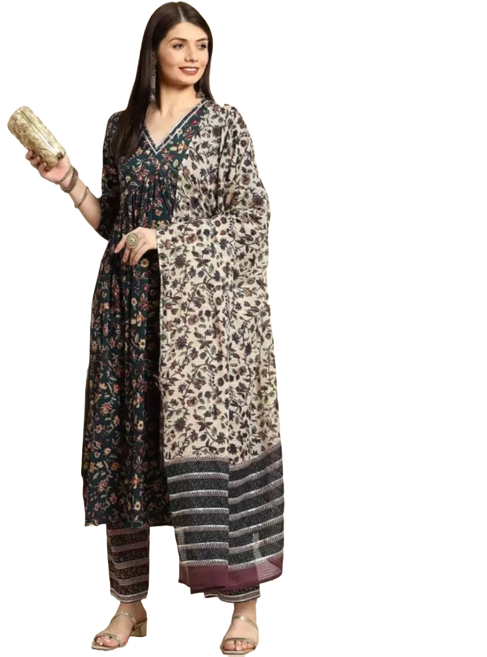 NOZ2TOZ Women Flared Printed Anarkali Kurti And Pant Set With Dupatta - Green - Distacart