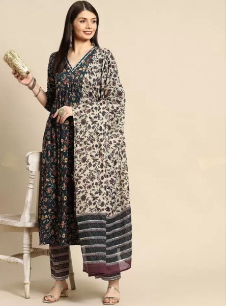 NOZ2TOZ Women Flared Printed Anarkali Kurti And Pant Set With Dupatta - Green - Distacart
