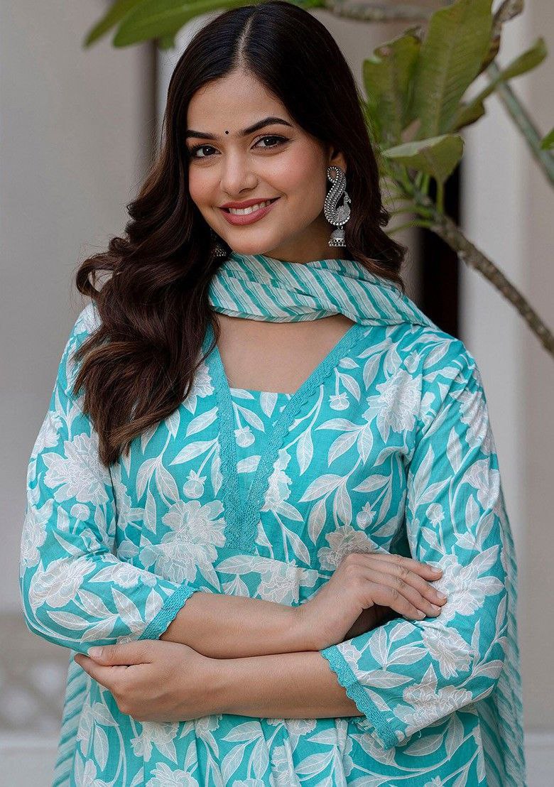 NOZ2TOZ Women Floral Printed Flared Anarkali Kurti And Pant Set With Dupatta - Sky - Distacart