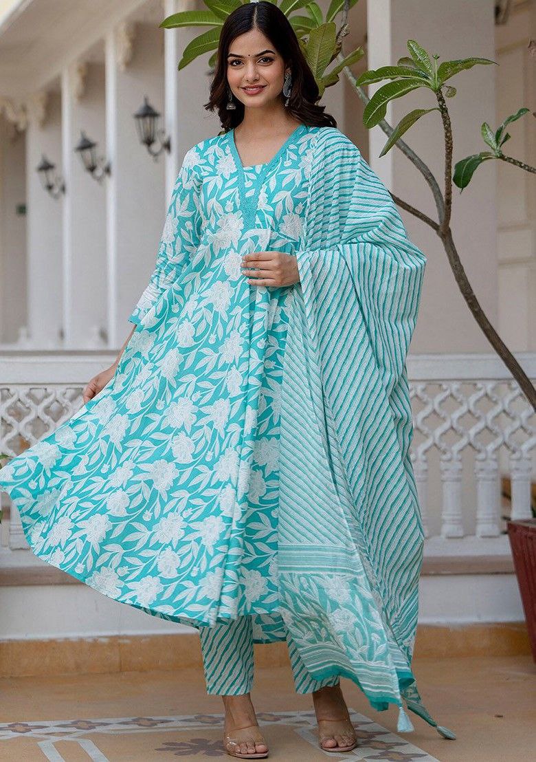 NOZ2TOZ Women Floral Printed Flared Anarkali Kurti And Pant Set With Dupatta - Sky - Distacart