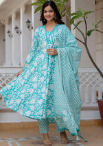 Thumbnail for NOZ2TOZ Women Floral Printed Flared Anarkali Kurti And Pant Set With Dupatta - Sky - Distacart