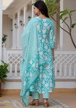 Thumbnail for NOZ2TOZ Women Floral Printed Flared Anarkali Kurti And Pant Set With Dupatta - Sky - Distacart