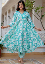 Thumbnail for NOZ2TOZ Women Floral Printed Flared Anarkali Kurti And Pant Set With Dupatta - Sky - Distacart