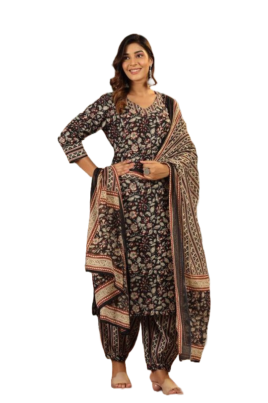 NOZ2TOZ Women's Knee Length Floral Printed Kurti And Pant Set With Printed Dupatta - Black - Distacart