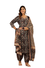 Thumbnail for NOZ2TOZ Women's Knee Length Floral Printed Kurti And Pant Set With Printed Dupatta - Black - Distacart