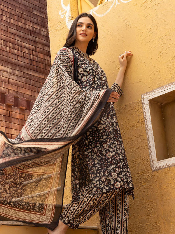 NOZ2TOZ Women's Knee Length Floral Printed Kurti And Pant Set With Printed Dupatta - Black - Distacart