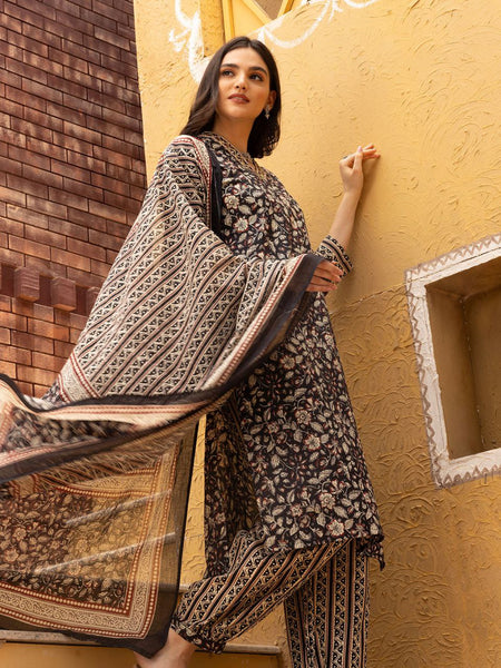 NOZ2TOZ Women's Knee Length Floral Printed Kurti And Pant Set With Printed Dupatta - Black - Distacart