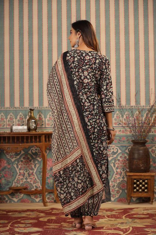 NOZ2TOZ Women's Knee Length Floral Printed Kurti And Pant Set With Printed Dupatta - Black - Distacart
