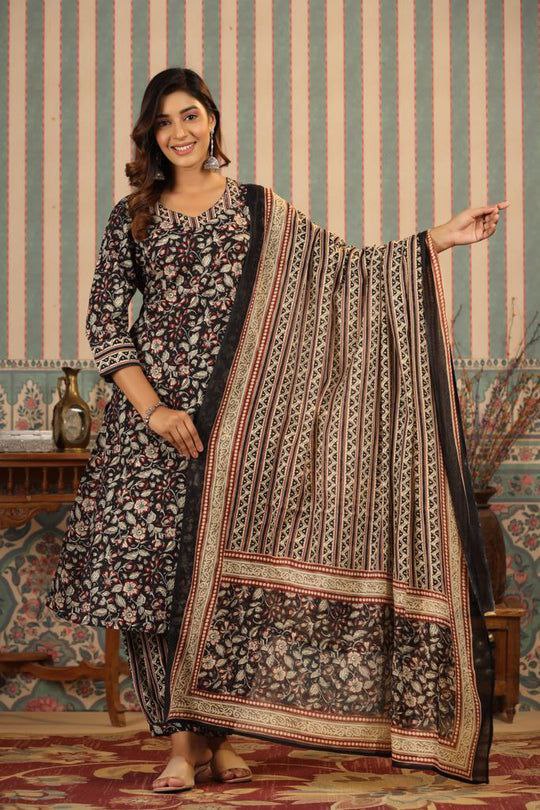 NOZ2TOZ Women's Knee Length Floral Printed Kurti And Pant Set With Printed Dupatta - Black - Distacart