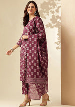 Thumbnail for NOZ2TOZ Women Floral Printed Knee Length V Neck Round Neck Kurta Set With Cotton Dupatta - Purple - Distacart