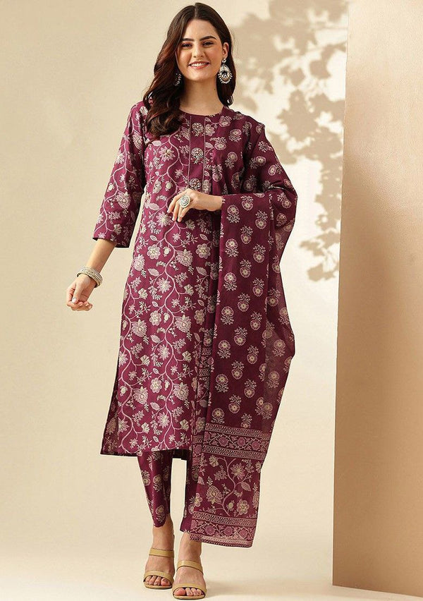 NOZ2TOZ Women Floral Printed Knee Length V Neck Round Neck Kurta Set With Cotton Dupatta - Purple - Distacart
