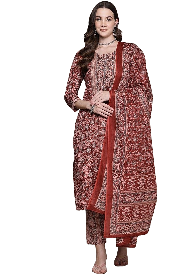 NOZ2TOZ Women Floral Printed Knee Length V Neck Kurti And Pant Set With Printed Dupatta - Maroon - Distacart