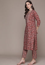 Thumbnail for NOZ2TOZ Women Floral Printed Knee Length V Neck Kurti And Pant Set With Printed Dupatta - Maroon - Distacart
