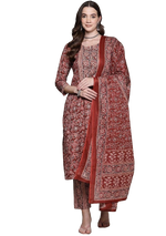 Thumbnail for NOZ2TOZ Women Floral Printed Knee Length V Neck Kurti And Pant Set With Printed Dupatta - Maroon - Distacart