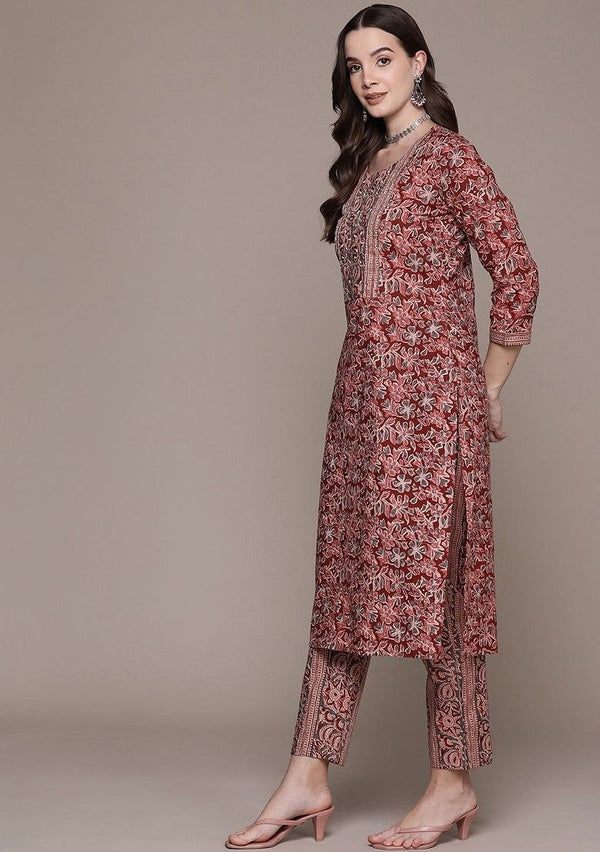 NOZ2TOZ Women Floral Printed Knee Length V Neck Kurti And Pant Set With Printed Dupatta - Maroon - Distacart