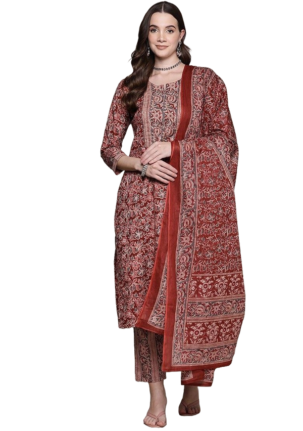 NOZ2TOZ Women Floral Printed Knee Length V Neck Kurti And Pant Set With Printed Dupatta - Maroon - Distacart
