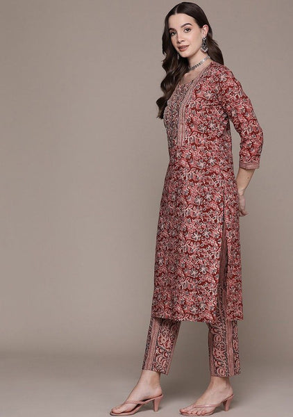 NOZ2TOZ Women Floral Printed Knee Length V Neck Kurti And Pant Set With Printed Dupatta - Maroon - Distacart