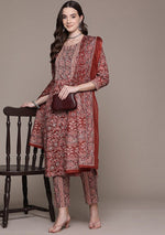 Thumbnail for NOZ2TOZ Women Floral Printed Knee Length V Neck Kurti And Pant Set With Printed Dupatta - Maroon - Distacart