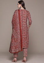 Thumbnail for NOZ2TOZ Women Floral Printed Knee Length V Neck Kurti And Pant Set With Printed Dupatta - Maroon - Distacart