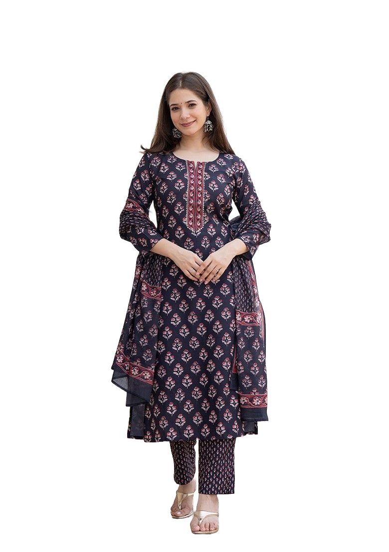 NOZ2TOZ Floral Printed Knee Length V Neck Kurti And Pant Set For Women - Blue - Distacart