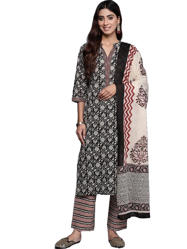NOZ2TOZ Women's Printed Knee Length Rayon Kurti And Pant Set With Dupatta - Black - Distacart