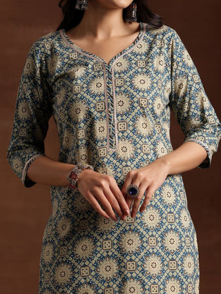 NOZ2TOZ Women Floral Printed Knee Length Kurti And Pant Set With Dupatta - Blue - Distacart