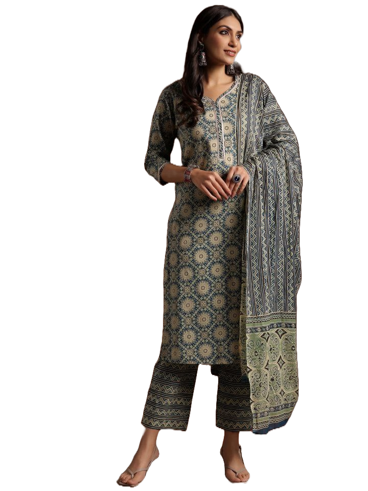 NOZ2TOZ Women Floral Printed Knee Length Kurti And Pant Set With Dupatta - Blue - Distacart