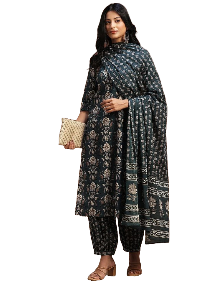 NOZ2TOZ Women Floral Printed Knee Length Rayon Kurta Set With Printed Dupatta Set - Blue - Distacart