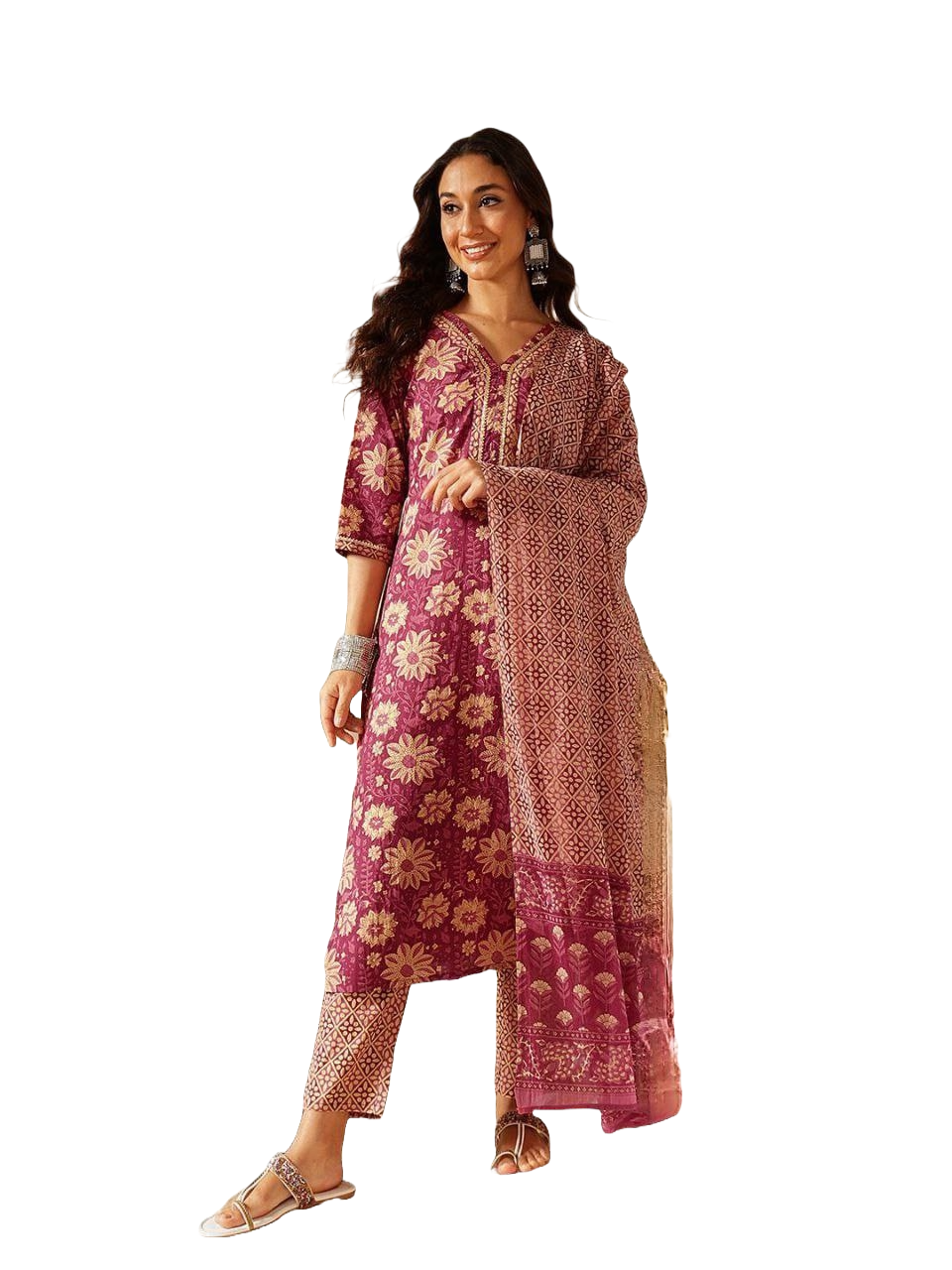 NOZ2TOZ Women's Printed Knee Length Kurta Set With Printed Cotton Dupatta - Purple - Distacart