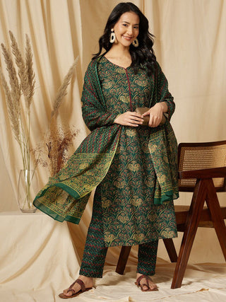 NOZ2TOZ Floral Printed Kurti And Pant Set With Printed Dupatta For Women - Green - Distacart