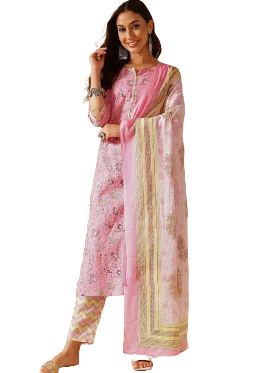 NOZ2TOZ Women Floral Printed Knee Length Kurti And Pant Set With Cotton Dupatta - Pink - Distacart