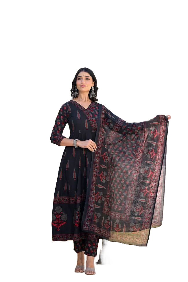 NOZ2TOZ Women Flared Floral Printed Anarkali Kurti And Pant Set With Printed Dupatta - Black - Distacart