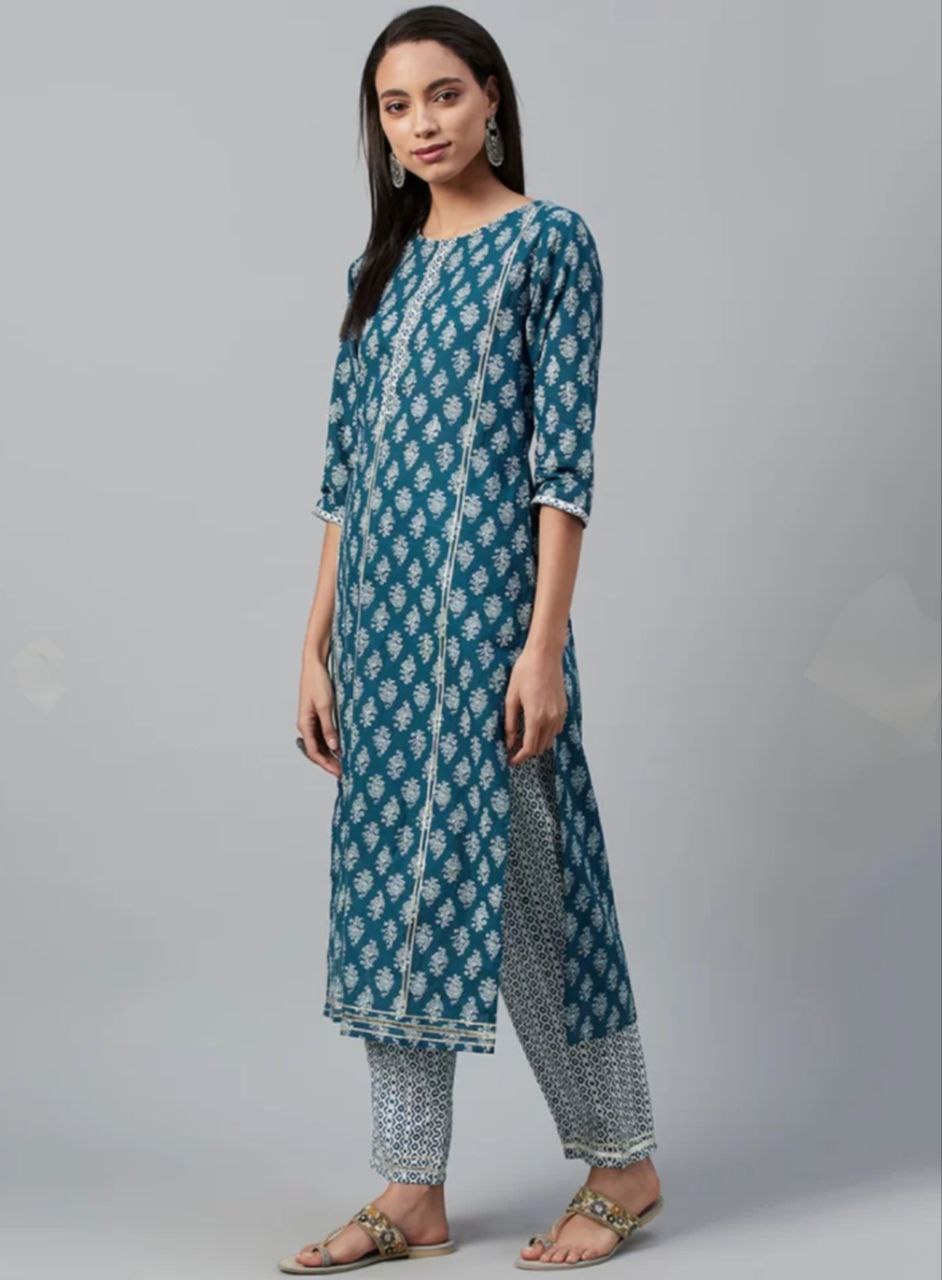 NOZ2TOZ Women Floral Printed Knee Length Rayon Kurta And Pant Set With Printed Cotton Dupatta - Blue - Distacart