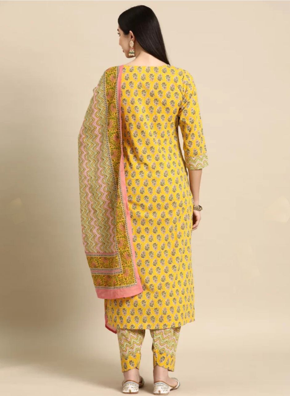 NOZ2TOZ Women's Floral Printed Knee Length Rayon Kurta And Pant Set With Printed Dupatta - Yellow - Distacart