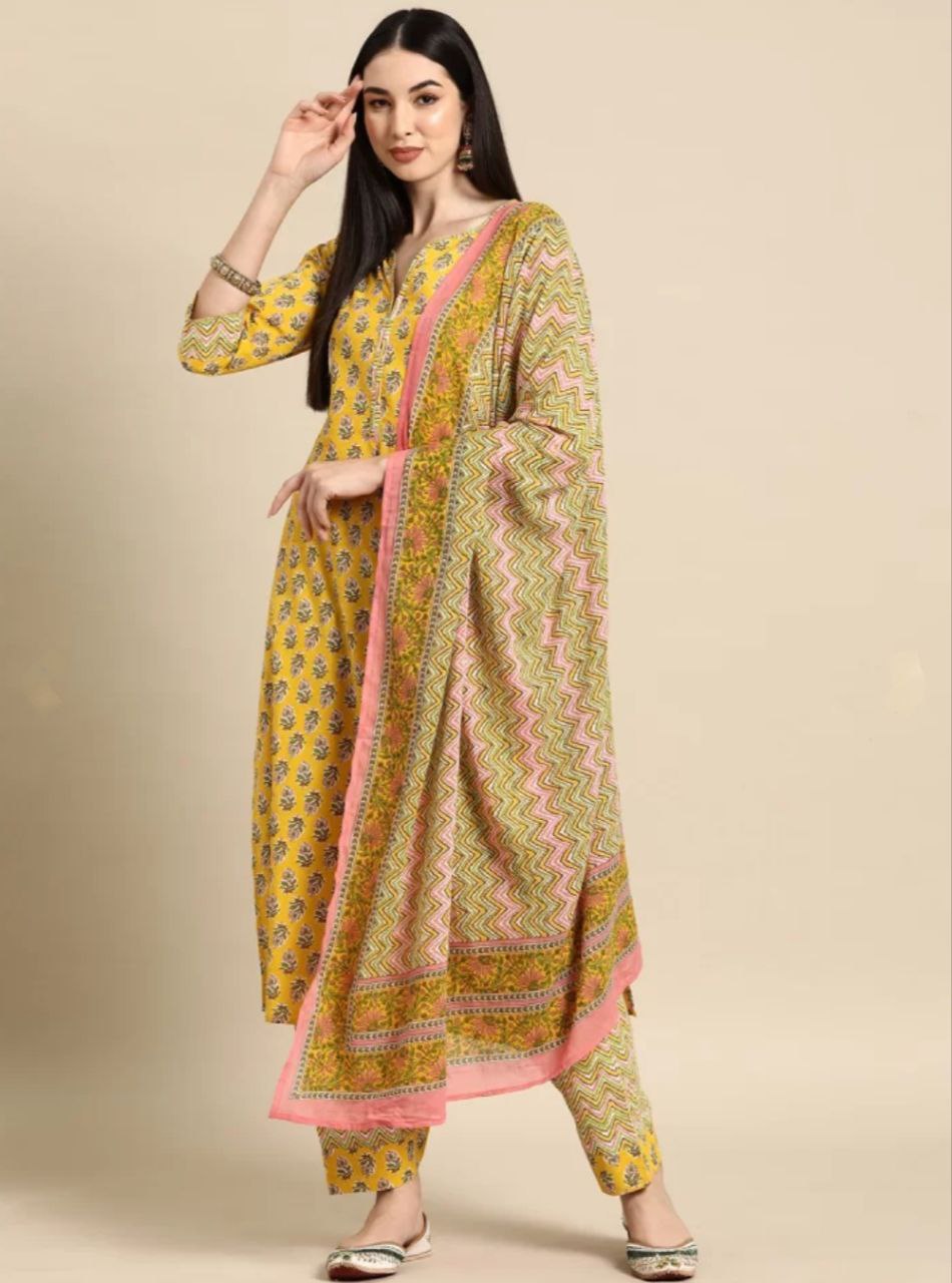 NOZ2TOZ Women's Floral Printed Knee Length Rayon Kurta And Pant Set With Printed Dupatta - Yellow - Distacart