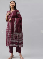 Thumbnail for NOZ2TOZ Women Floral Printed Knee Length Rayon Kurti And Pant Set With Printed Cotton Dupatta - Purple - Distacart