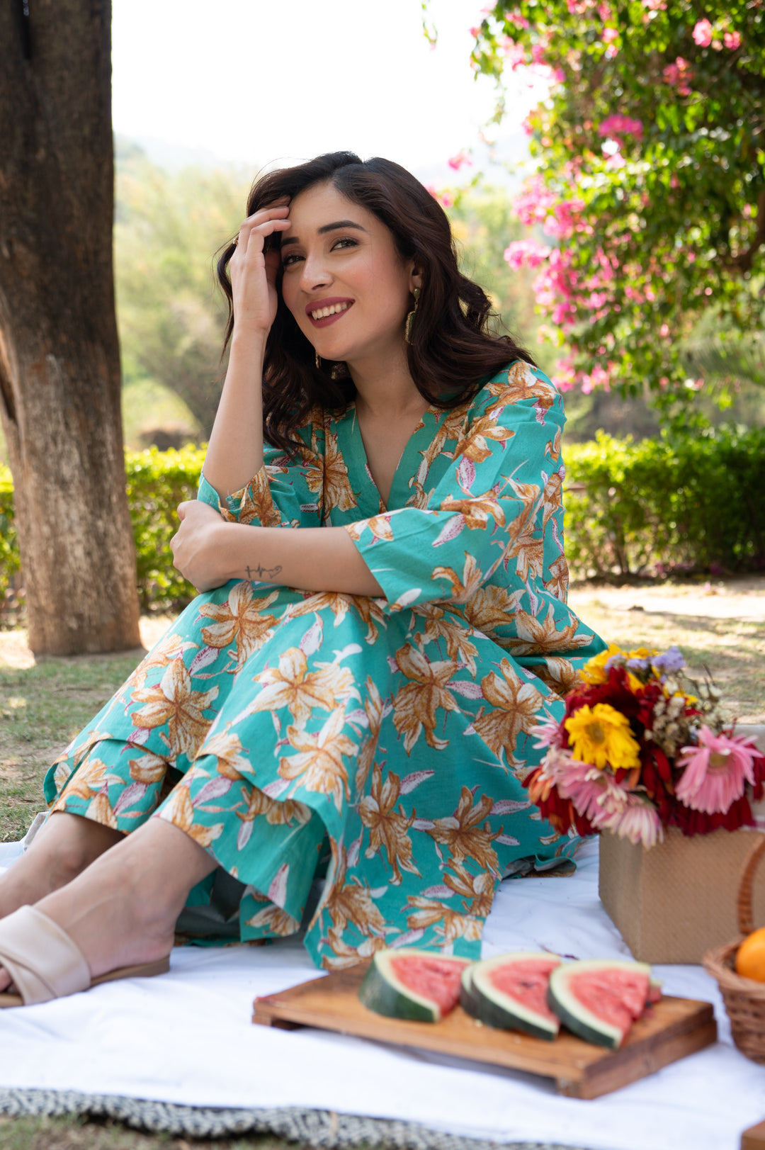 NOZ2TOZ Floral Printed Calf Length Rayon V Neck Kurta And Pant Set For Women - Rama - Distacart