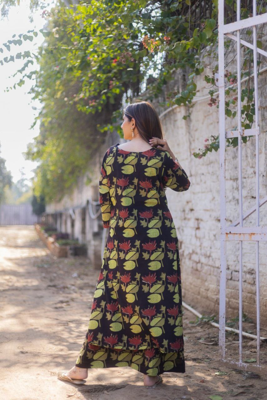 NOZ2TOZ Floral Printed Calf Length V Neck Kurti And Palazzo Set For Women - Black - Distacart
