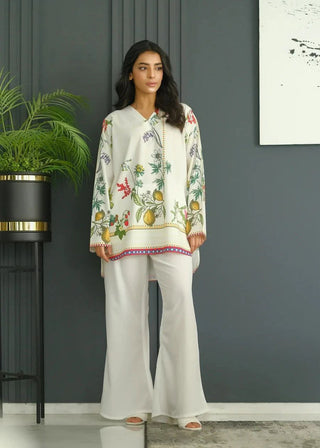 NOZ2TOZ Women's Printed V Neck Long Sleeves Co-Ords Set - White - Distacart