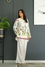 Thumbnail for NOZ2TOZ Women's Printed V Neck Long Sleeves Co-Ords Set - White - Distacart