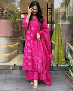 Thumbnail for NOZ2TOZ Women Floral Printed Calf Length V Neck Kurti And Palazzo Set With Printed Cotton Dupatta - Pink - Distacart