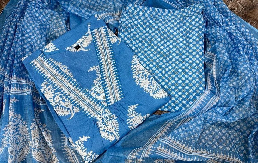 NOZ2TOZ Women's Floral Printed Calf Length Flared Kurti And Palazzo Set With Printed Dupatta - Blue - Distacart