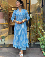 Thumbnail for NOZ2TOZ Women's Floral Printed Calf Length Flared Kurti And Palazzo Set With Printed Dupatta - Blue - Distacart