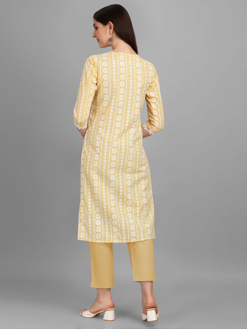 NOZ2TOZ Women's Floral Printed Cotton Blend Key-Hole Neck Yellow Kurti - Yellow - Distacart