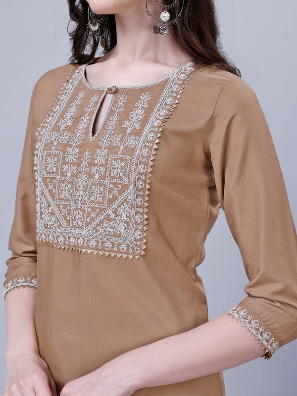 NOZ2TOZ Women's Silk Blend Embroidered Kurti And Pant Set - Brown - Distacart