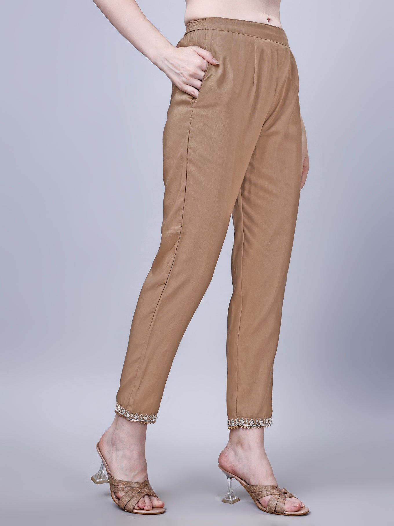 NOZ2TOZ Women's Silk Blend Embroidered Kurti And Pant Set - Brown - Distacart